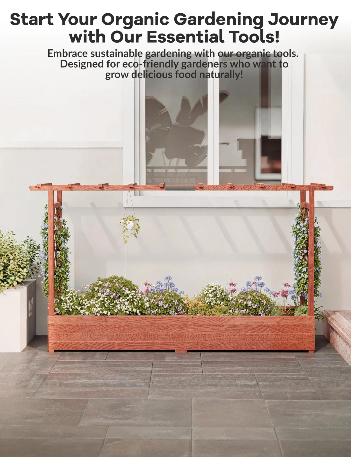 Elevated Wooden Raised Garden Bed with Trellis/Canopy/Drainage Hole Freestanding Planter Box for Climbing Plants Vines Blossoms