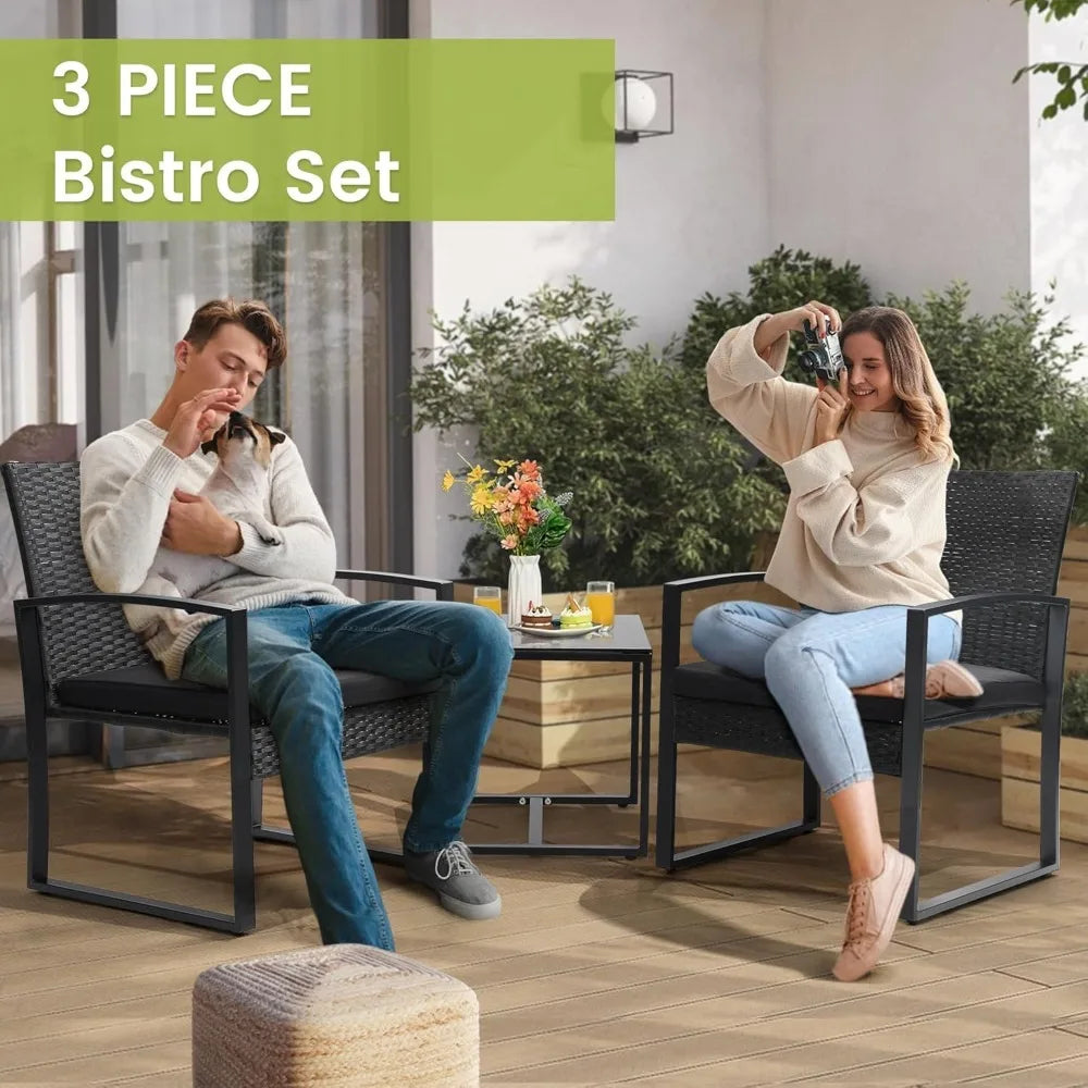 3 Piece Wicker Patio Bistro Set with Coffee Table Rattan Conversation Furniture for Balcony Garden Poolside Porch Yard Black