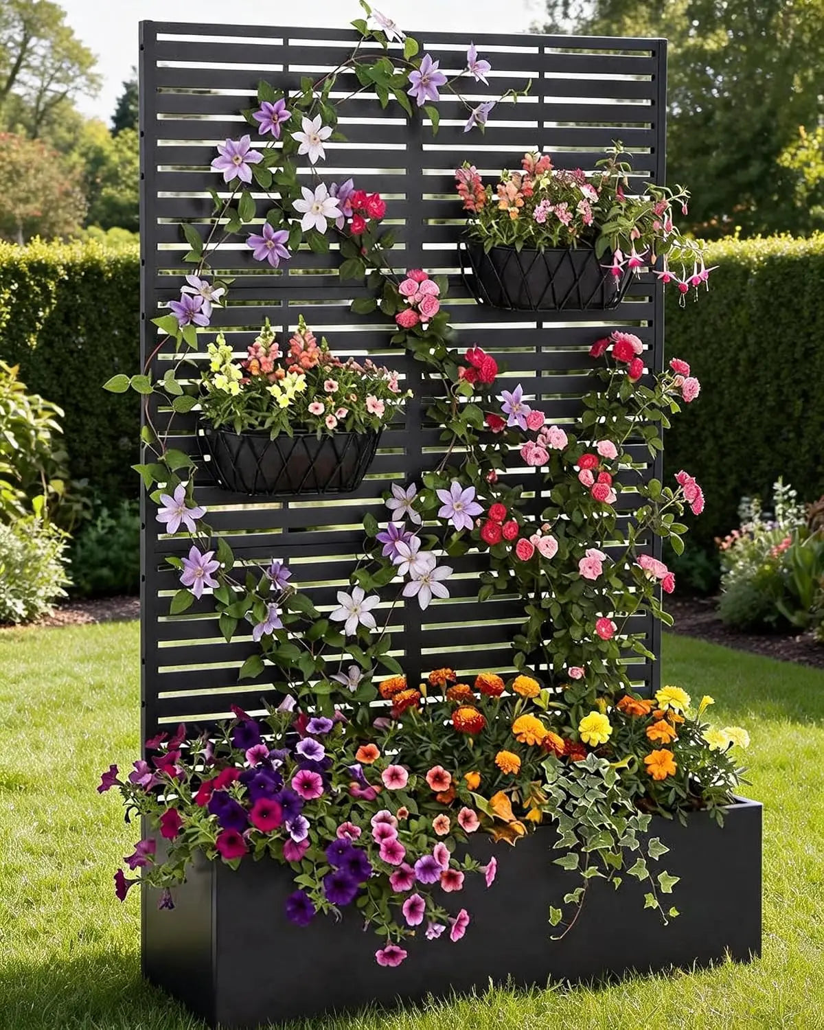 71'' Metal Raised Planter Box With Trellis, Outdoor Garden Bed With Privacy Screen, Drainage Holes For Climbing Plants Vegetables