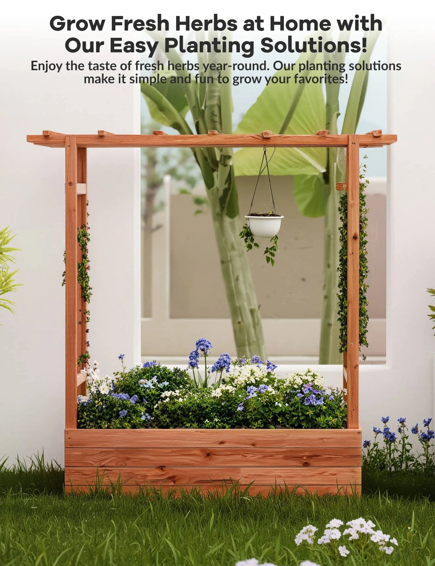 Elevated Wooden Raised Garden Bed with Trellis/Canopy/Drainage Hole Freestanding Planter Box for Climbing Plants Vines Blossoms