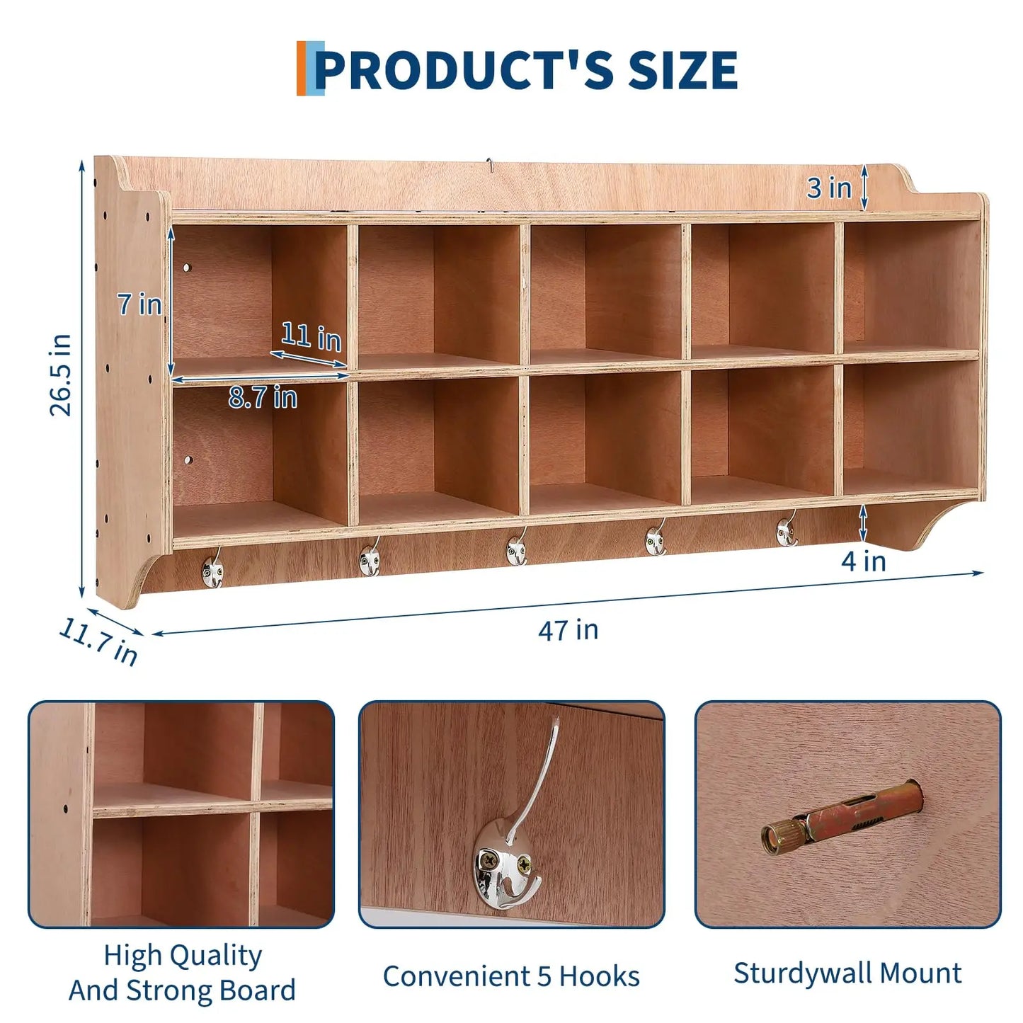 Wall Mount Kids Cubby Storage Organizer With 10 Cubbies, 5 Hooks And Top Shelf, Daycare Classroom Coat Locker For Toys Books Bags