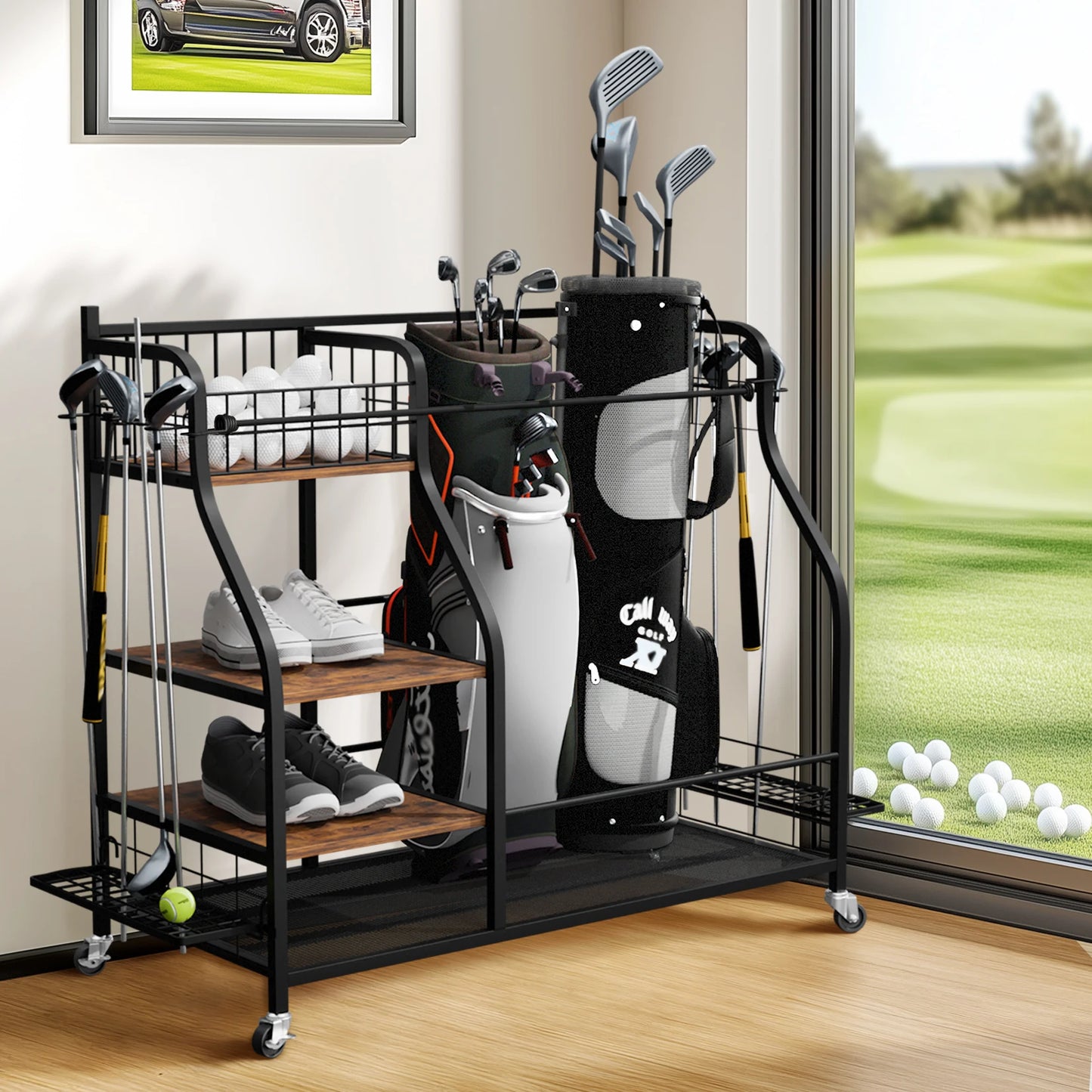 Multifunctional Rolling Golf Bags Storage Shelf Metal Sports Equipment Organizer Rack with Wheels