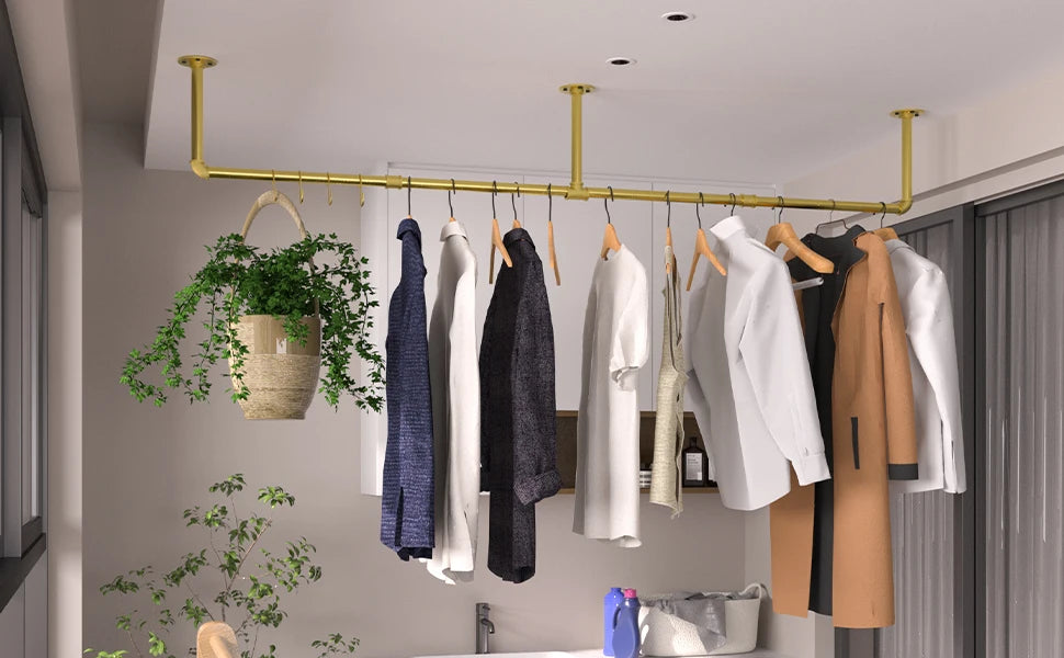 Wall Mounted Clothes Rack Industrial Pipe for Hanging Clothes, Space-Saving Closet Rod Multi-Purpose Hang Bedroom Laundry Room