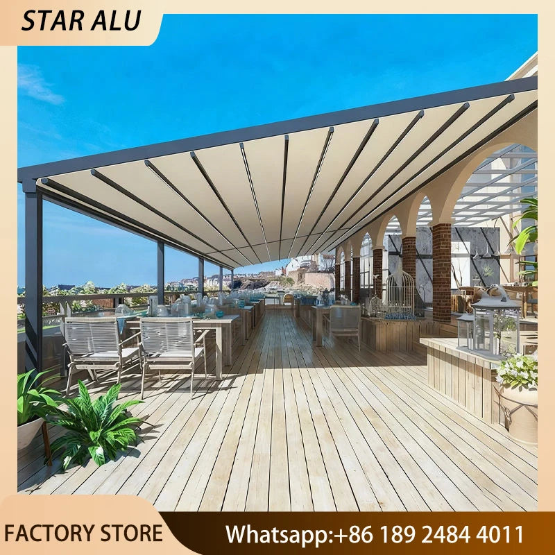 Electric Retractable Awning Motorized Folding Canopy Patio Restaurant Balcony Waterproof Sun Shade Remote Control Aluminum Frame