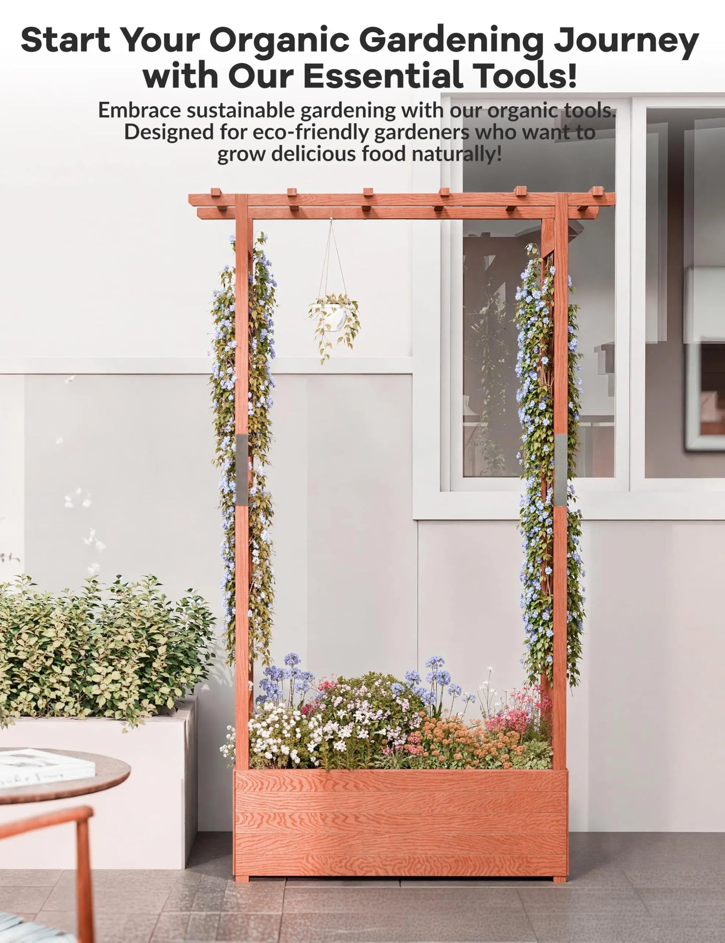 Elevated Wooden Raised Garden Bed with Trellis/Canopy/Drainage Hole Freestanding Planter Box for Climbing Plants Vines Blossoms