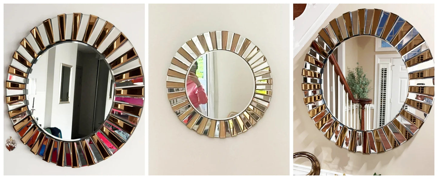 60/80CM Round Starburst Decorative Wall Mirror Gorgeous Tawny Accent Mirror for Bathroom Bedroom Living Room Dining Room