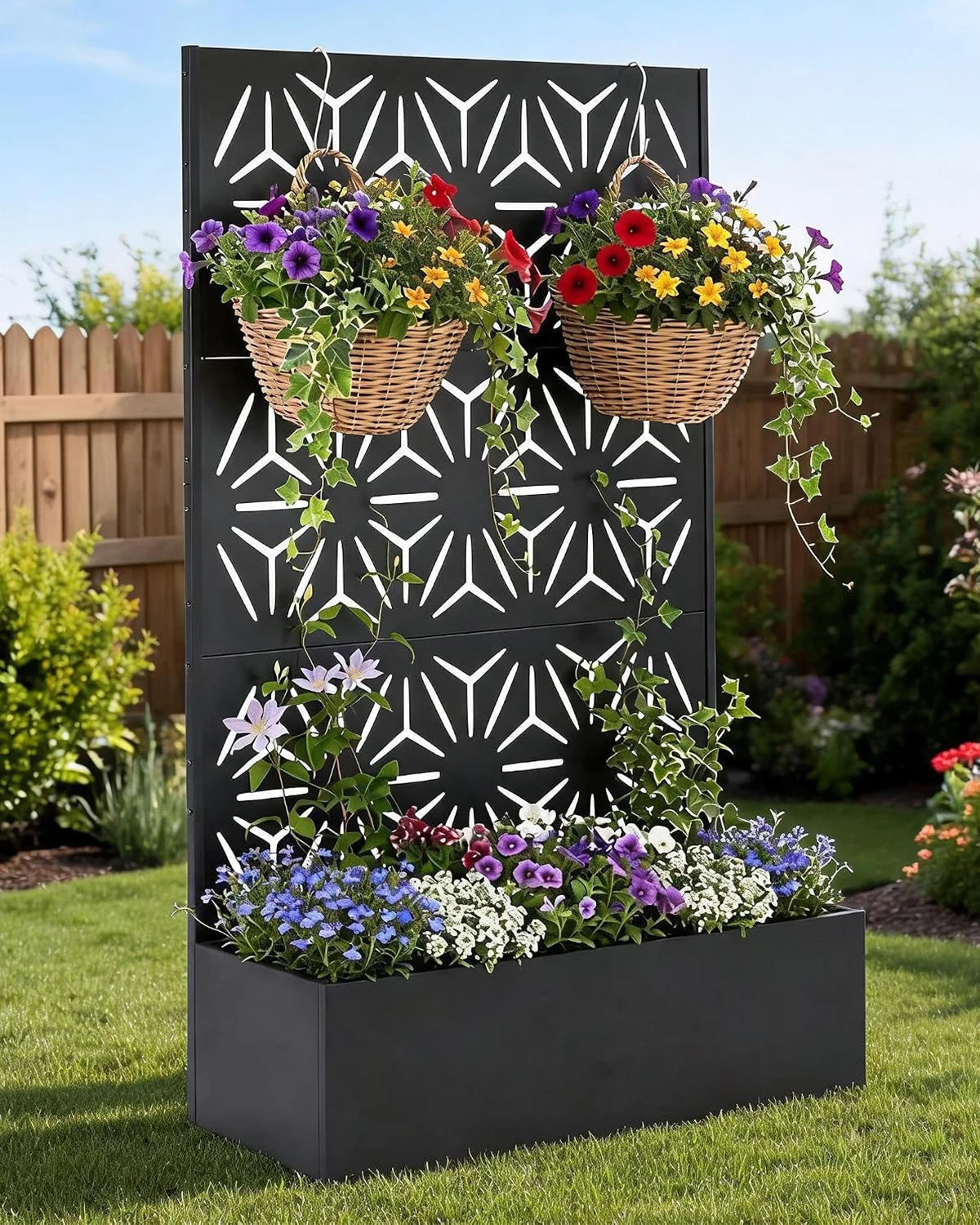 71'' Metal Raised Planter Box With Trellis, Outdoor Garden Bed With Privacy Screen, Drainage Holes For Climbing Plants Vegetables