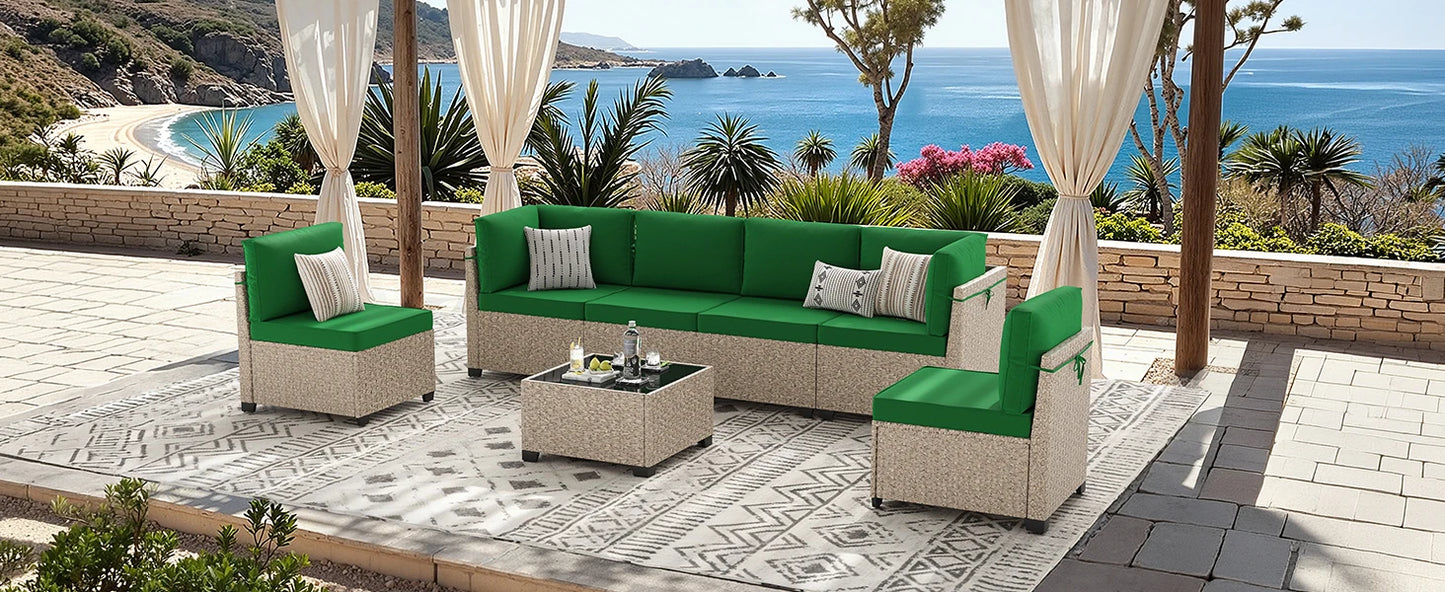 7-Piece Patio Furniture Set, Outdoor Rattan Sectional Sofa with Tempered Glass Table, All-Weather, for Garden, Porch, Backyard