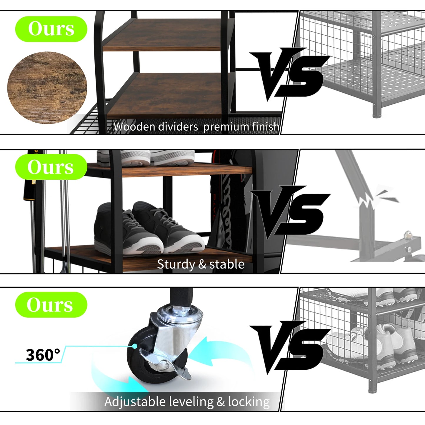 Multifunctional Rolling Golf Bags Storage Shelf Metal Sports Equipment Organizer Rack with Wheels