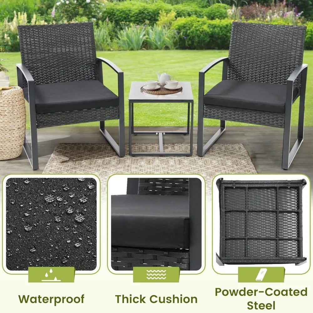 3 Piece Wicker Patio Bistro Set with Coffee Table Rattan Conversation Furniture for Balcony Garden Poolside Porch Yard Black