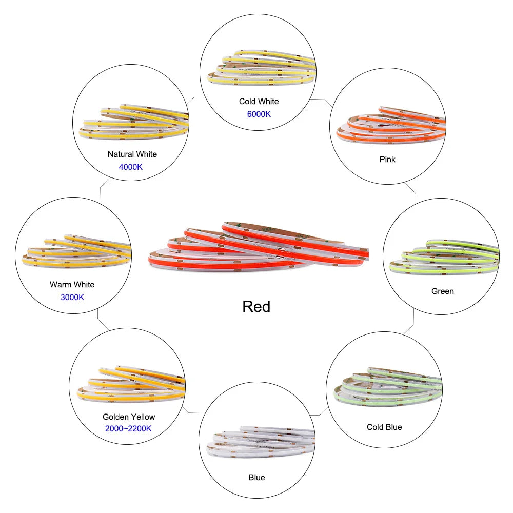 5MM Ultra Thin COB LED Strip Light 24V 12V Warm Natural Cold White Red Blue Green Amber Yellow Color RA90 Flexible LED Tape