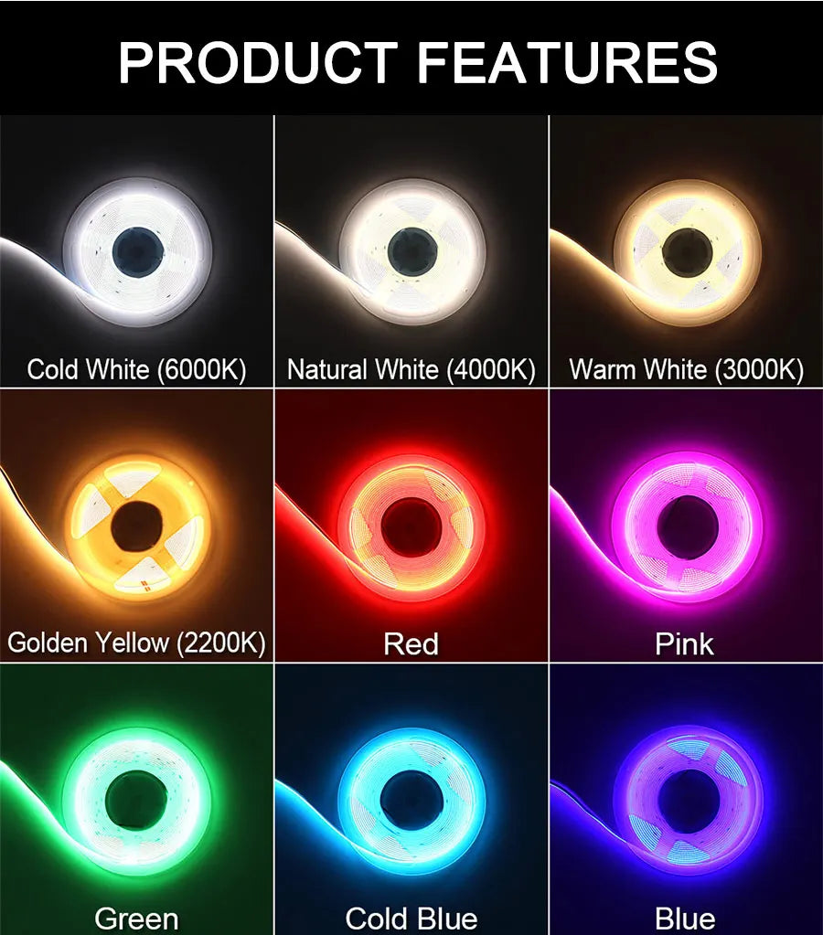 5MM Ultra Thin COB LED Strip Light 24V 12V Warm Natural Cold White Red Blue Green Amber Yellow Color RA90 Flexible LED Tape