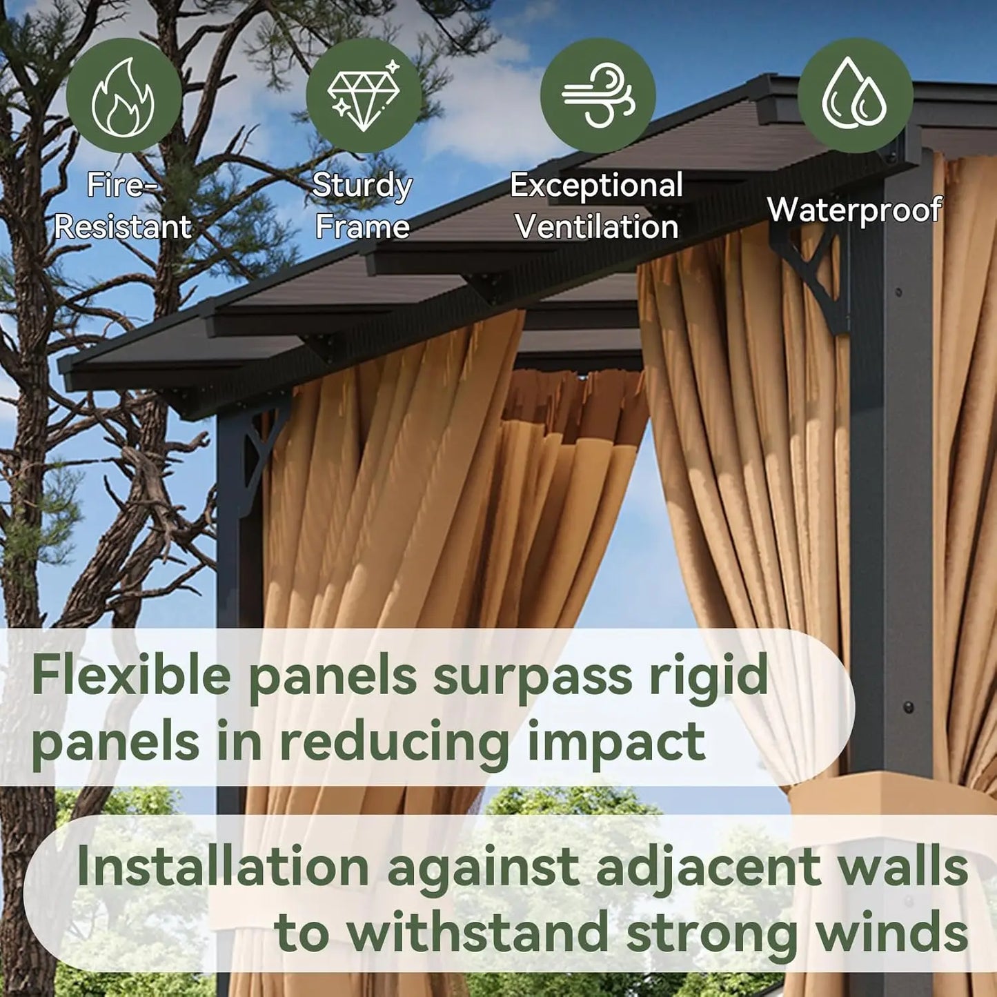 8x10ft Aluminum Lean-to Gazebo, Mosquito Net, Curtains, Polycarbonate Panel & Wall Mounted Pergola, Custom