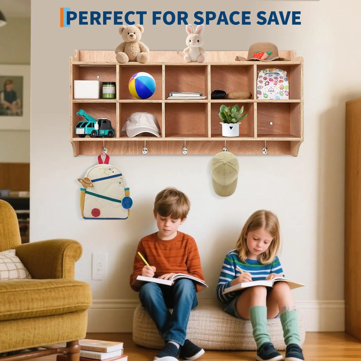 Wall Mount Kids Cubby Storage Organizer With 10 Cubbies, 5 Hooks And Top Shelf, Daycare Classroom Coat Locker For Toys Books Bags