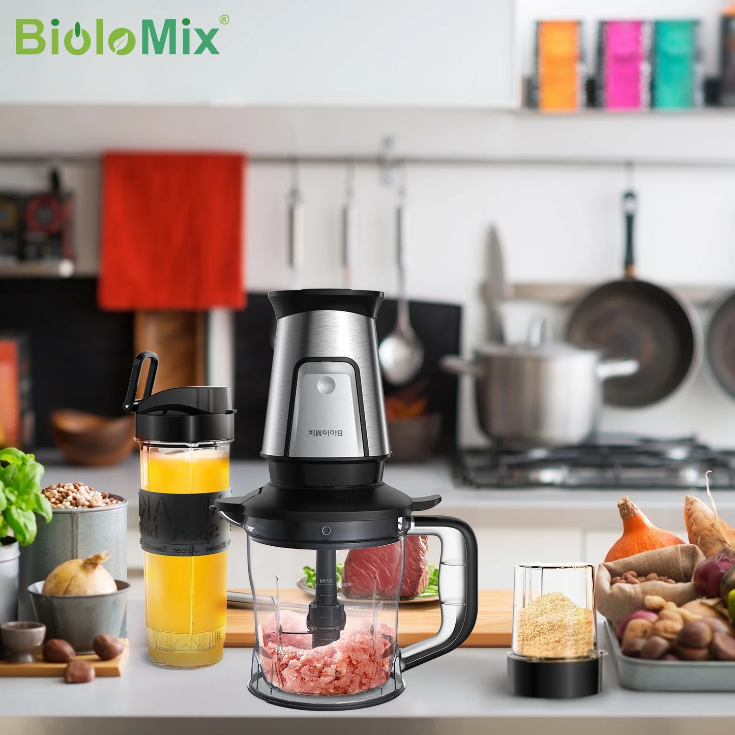 BioloMix 700W 3-in-1 Multifunctional Portable Food Processor Juicer Blender Smoothie Mixer Food Chopper Dry Grinder for Kitchen